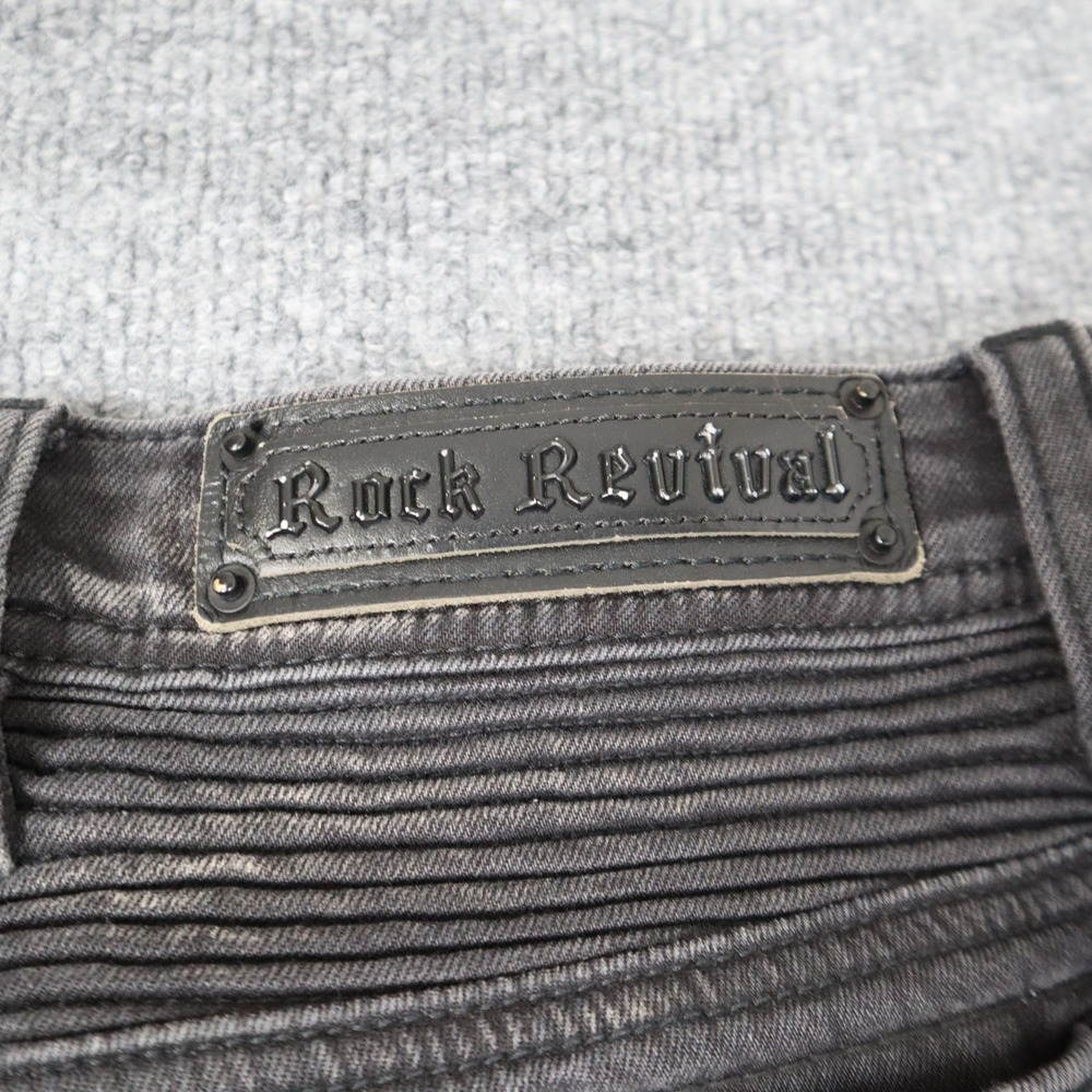 Rock Revival Moto Men Black Distressed Biker Jeans Slim Fit Ribbed Details READ - Picture 15 of 16